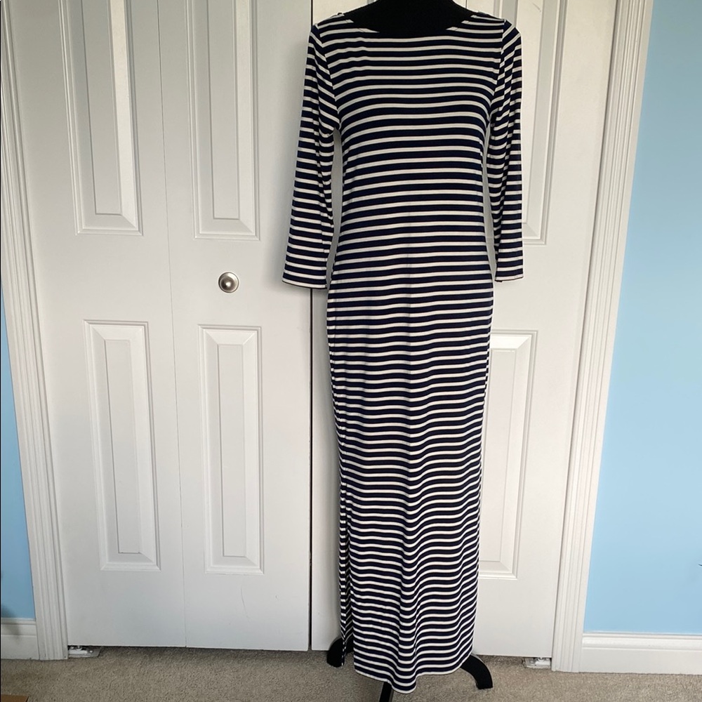 Anthropologie Fleur Bleue Small Navy And White Striped Maxi Dress With Sleeves